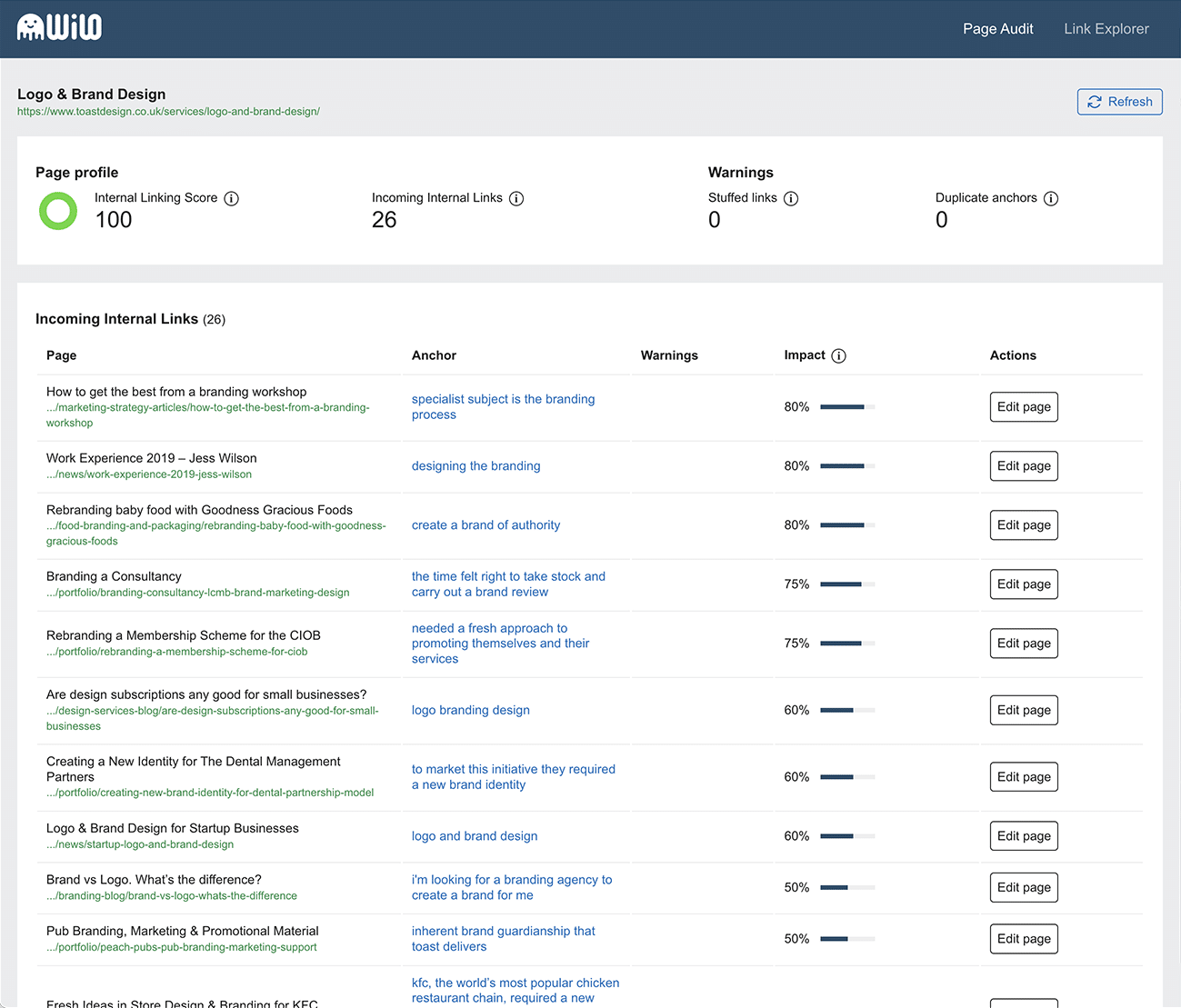 An example of the WILO UI for improving internal links